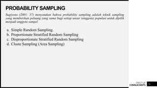 FIRSTUP
CONSULTANTS
PROBABILITY SAMPLING
Sugiyono (2001: 57) menyatakan bahwa probability sampling adalah teknik sampling
yang memberikan peluang yang sama bagi setiap unsur (anggota) populasi untuk dipilih
menjadi anggota sampel
14
a. Simple Random Sampling.
b. Proportionate Stratified Random Sampling
c. Disproportionate Stratified Random Sampling
d. Cluste Sampling (Area Sampling)
 