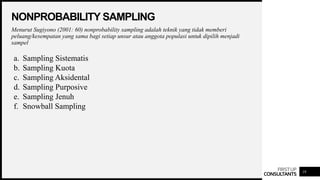 FIRSTUP
CONSULTANTS
NONPROBABILITY SAMPLING
Menurut Sugiyono (2001: 60) nonprobability sampling adalah teknik yang tidak memberi
peluang/kesempatan yang sama bagi setiap unsur atau anggota populasi untuk dipilih menjadi
sampel
19
a. Sampling Sistematis
b. Sampling Kuota
c. Sampling Aksidental
d. Sampling Purposive
e. Sampling Jenuh
f. Snowball Sampling
 