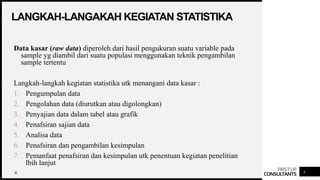 FIRSTUP
CONSULTANTS
LANGKAH-LANGAKAH KEGIATAN STATISTIKA
4
Data kasar (raw data) diperoleh dari hasil pengukuran suatu variable pada
sample yg diambil dari suatu populasi menggunakan teknik pengambilan
sample tertentu
Langkah-langkah kegiatan statistika utk menangani data kasar :
1. Pengumpulan data
2. Pengolahan data (diurutkan atau digolongkan)
3. Penyajian data dalam tabel atau grafik
4. Penafsiran sajian data
5. Analisa data
6. Penafsiran dan pengambilan kesimpulan
7. Pemanfaat penafsiran dan kesimpulan utk penentuan kegiatan penelitian
lbih lanjut

 