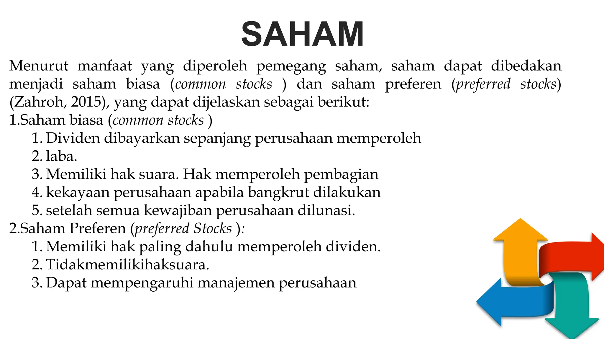 SAHAM
S
W
O
T
EAKNESS
PPORTUNITIES
T
R
E
N
G
T
H
S
H
R
E
A
T
S
Menurut manfaat yang diperoleh pemegang saham, saham dapat dibedakan
menjadi saham biasa (common stocks ) dan saham preferen (preferred stocks)
(Zahroh, 2015), yang dapat dijelaskan sebagai berikut:
1.Saham biasa (common stocks )
1. Dividen dibayarkan sepanjang perusahaan memperoleh
2. laba.
3. Memiliki hak suara. Hak memperoleh pembagian
4. kekayaan perusahaan apabila bangkrut dilakukan
5. setelah semua kewajiban perusahaan dilunasi.
2.Saham Preferen (preferred Stocks ):
1. Memiliki hak paling dahulu memperoleh dividen.
2. Tidakmemilikihaksuara.
3. Dapat mempengaruhi manajemen perusahaan
 