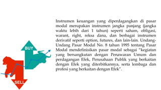 BUY
SELL
Instrumen keuangan yang diperdagangkan di pasar
modal merupakan instrumen jangka panjang (jangka
waktu lebih dari 1 tahun) seperti saham, obligasi,
warant, right, reksa dana, dan berbagai instrumen
derivatif seperti option, futures, dan lain-lain. Undang-
Undang Pasar Modal No. 8 tahun 1995 tentang Pasar
Modal mendefinisikan pasar modal sebagai “kegiatan
yang bersangkutan dengan Penawaran Umum dan
perdagangan Efek, Perusahaan Publik yang berkaitan
dengan Efek yang diterbitkannya, serta lembaga dan
profesi yang berkaitan dengan Efek”.
 