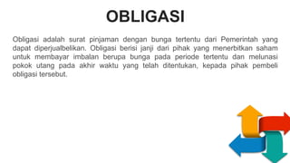 OBLIGASI
S
W
O
T
EAKNESS
PPORTUNITIES
T
R
E
N
G
T
H
S
H
R
E
A
T
S
Obligasi adalah surat pinjaman dengan bunga tertentu dari Pemerintah yang
dapat diperjualbelikan. Obligasi berisi janji dari pihak yang menerbitkan saham
untuk membayar imbalan berupa bunga pada periode tertentu dan melunasi
pokok utang pada akhir waktu yang telah ditentukan, kepada pihak pembeli
obligasi tersebut.
 
