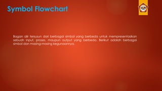 Symbol Flowchart
Bagan alir tersusun dari berbagai simbol yang berbeda untuk mempresentasikan
sebuah input, proses, maupun output yang berbeda. Berikut adalah berbagai
simbol dan masing-masing kegunaannya.
 