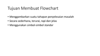Tujuan Membuat Flowchart
• Menggambarkan suatu tahapan penyelesaian masalah
• Secara sederhana, terurai, rapi dan jelas
• Menggunakan simbol-simbol standar
 