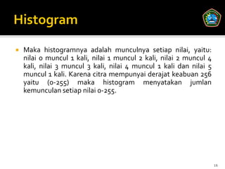    Maka histogramnya adalah munculnya setiap nilai, yaitu:
    nilai 0 muncul 1 kali, nilai 1 muncul 2 kali, nilai 2 muncul 4
    kali, nilai 3 muncul 3 kali, nilai 4 muncul 1 kali dan nilai 5
    muncul 1 kali. Karena citra mempunyai derajat keabuan 256
    yaitu (0-255) maka histogram menyatakan jumlan
    kemunculan setiap nilai 0-255.




                                                                     16
 