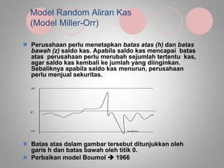 Model Random Aliran Kas
(Model Miller-Orr)
 Perusahaan perlu menetapkan batas atas (h) dan batas
bawah (z) saldo kas. Apabila saldo kas mencapai batas
atas perusahaan perlu merubah sejumlah tertentu kas,
agar saldo kas kembali ke jumlah yang diinginkan.
Sebaliknya apabila saldo kas menurun, perusahaan
perlu menjual sekuritas.
 Batas atas dalam gambar tersebut ditunjukkan oleh
garis h dan batas bawah oleh titik 0.
 Perbaikan model Boumol  1966
H
Z
O waktu
 