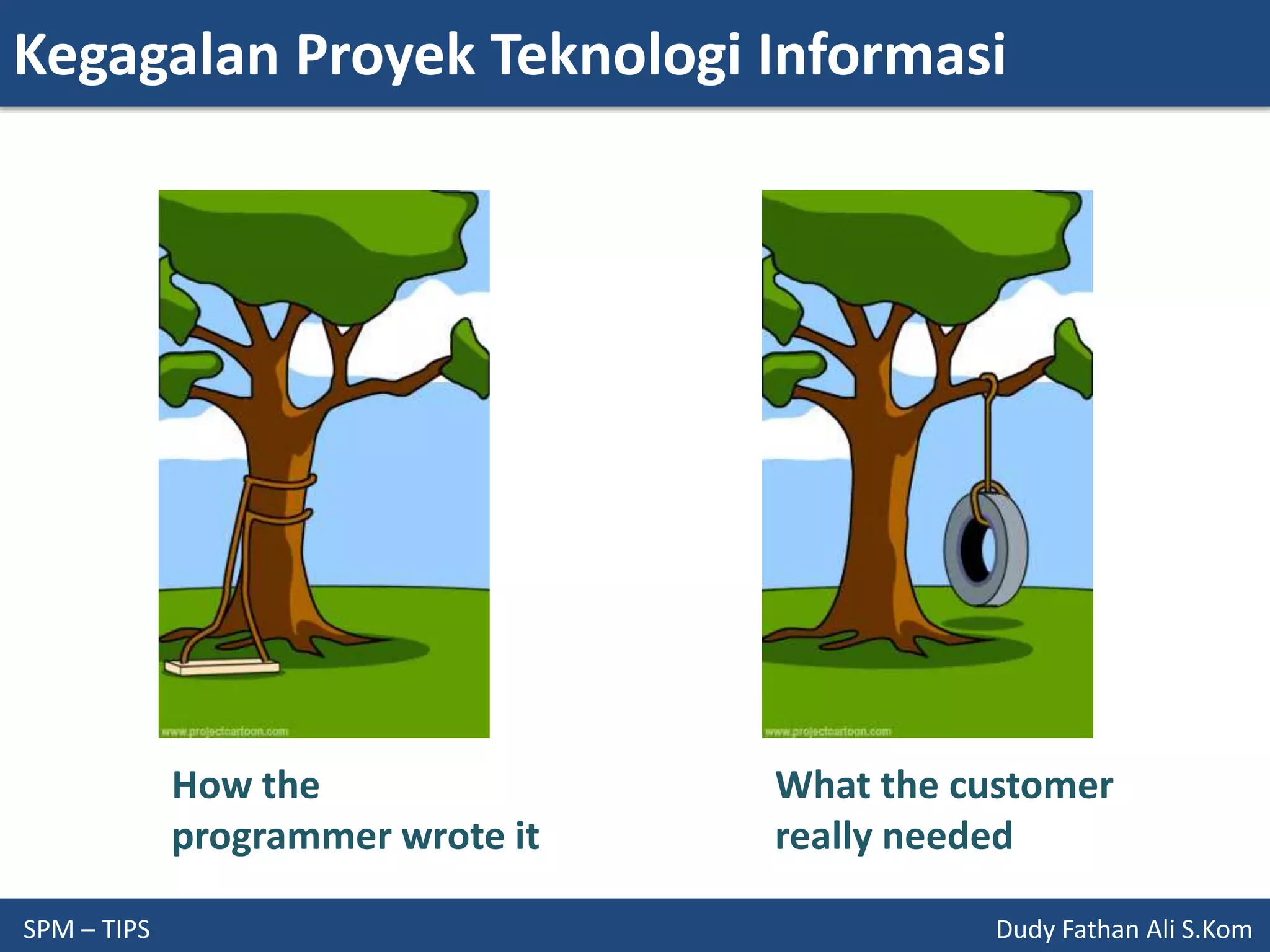 Kegagalan Proyek Teknologi Informasi
SPM – TIPS Dudy Fathan Ali S.Kom
How the
programmer wrote it
What the customer
really needed
 
