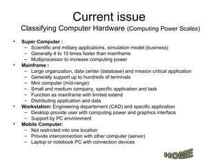 Current issue
    Classifying Computer Hardware (Computing Power Scales)
•   Super Computer :
     – Scientific and military applications, simulation model (business)
     – Generally 4 to 10 times faster than mainframe
     – Mutliprocessor to increase computing power
•   Mainframe :
     – Large organization, data center (database) and mission critical application
     – Generally support up to hundreds of terminals
     – Mini computer (mid-range):
     – Small and medium company, specific application and task
     – Function as mainframe with limited extend
     – Distributing application and data
•   Workstation: Engineering departement (CAD) and specific application
     – Desktop provide user with computing power and graphics interface
     – Support by PC environment
•   Mobile Computer:
     – Not restricted into one location
     – Provide interconnection with other computer (server)
     – Laptop or notebook PC with connection devices
 
