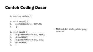 Contoh Coding Dasar
1. #define LedSatu 5
1. void setup() {
2. pinMode(LedSatu, OUTPUT);
3. }
1. void loop() {
2. digitalWrite(LedSatu, HIGH);
3. delay(1000);
4. digitalWrite(LedSatu, LOW);
5. delay(1000);
6. }
• Maksud dari koding disamping
adalah?
 