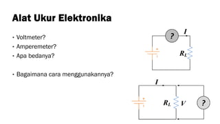 Alat Ukur Elektronika
• Voltmeter?
• Amperemeter?
• Apa bedanya?
• Bagaimana cara menggunakannya?
?
?
 