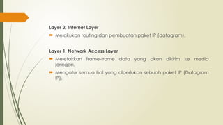 Layer 2, Internet Layer
 Melakukan routing dan pembuatan paket IP (datagram).
Layer 1, Network Access Layer
 Meletakkan frame-frame data yang akan dikirim ke media
jaringan.
 Mengatur semua hal yang diperlukan sebuah paket IP (Datagram
IP).
 