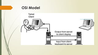 OSI Model
Layer 7: Application
 Interface antara jaringan dan software aplikasi
 Mengatur bagaimana aplikasi dapat mengakses jaringan, dan
kemudian membuat pesan-pesan kesalahan
Contoh Protocol/Layanan :
Telnet, HTTP, FTP, SMTP, POP3
 