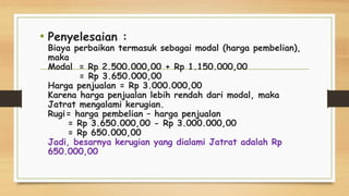 • Penyelesaian :
Biaya perbaikan termasuk sebagai modal (harga pembelian),
maka
Modal = Rp 2.500.000,00 + Rp 1.150.000,00
= Rp 3.650.000,00
Harga penjualan = Rp 3.000.000,00
Karena harga penjualan lebih rendah dari modal, maka
Jatrat mengalami kerugian.
Rugi= harga pembelian – harga penjualan
= Rp 3.650.000,00 - Rp 3.000.000,00
= Rp 650.000,00
Jadi, besarnya kerugian yang dialami Jatrat adalah Rp
650.000,00
 