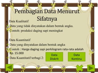 Pembagian Data Menurut
Sifatnyaa. Data Kualitatif
Data yang tidak dinyatakan dalam bentuk angka.
Contoh: produksi daging sapi meningkat
b. Data Kuantitatif
Data yang dinyatakan dalam bentuk angka
Contoh : Harga daging sapi perkilogram rata-rata adalah
Rp. 15.000
Data Kuantitatif terbagi 2:
Data
Diskrit
Data
Kontinu
 