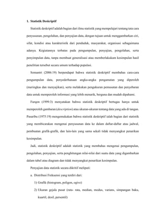 1. Statistik Deskriptif
Statistik deskriptif adalah bagian dari ilmu statistik yang mempelajari tentang tata cara
penyusunan, pengolahan, dan penyajian data, dengan tujuan untuk menggambarkan ciri,
sifat, kondisi atau karakteristik dari penduduk, masyarakat, organisasi sebagaimana
adanya. Kegiatannya terbatas pada pengumpulan, penyajian, pengolahan, serta
penyimpulan data, tanpa membuat generalisasi atau memberlakukam kesimpulan hasil
penelitian tersebut secara umum terhadap populasi.
Somantri (2006:19) berpendapat bahwa statistik deskriptif membahas cara-cara
pengumpulan data, penyederhanaan angka-angka pengamatan yang diperoleh
(meringkas dan menyajikan), serta melakukan pengukuran pemusatan dan penyebaran
data untuk memperoleh informasi yang lebih menarik, berguna dan mudah dipahami.
Furqon (1999:3) menyatakan bahwa statistik deskriptif bertugas hanya untuk
memperoleh gambaran (description) atau ukuran-ukuran tentang data yang ada di tangan.
Pasaribu (1975:19) mengemukakan bahwa statistik deskriptif ialah bagian dari statistik
yang membicarakan mengenai penyusunan data ke dalam daftar-daftar atau jadwal,
pembuatan grafik-grafik, dan lain-lain yang sama sekali tidak menyangkut penarikan
kesimpulan.
Jadi, statistik deskriptif adalah statistik yang membahas mengenai pengumpulan,
pengolahan, penyajian, serta penghitungan nilai-nilai dari suatu data yang digambarkan
dalam tabel atau diagram dan tidak menyangkut penarikan kesimpulan.
Penyajian data statistik secara dikritif meliputi:
a. Distribusi Frekuensi yang terdiri dari:
1) Grafik (histogram, poligon, ogive)
2) Ukuran gejala pusat (rata- rata, median, modus, varians, simpangan baku,
kuartil, desil, persentil)
 