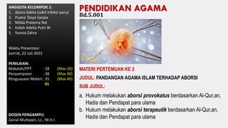 PENDIDIKAN AGAMA
Bd.5.001
MATERI PERTEMUAN KE 2
JUDUL: PANDANGAN AGAMA ISLAM TERHADAP ABORSI
SUB JUDUL:
a. Hukum melakukan aborsi provokatus berdasarkan Al-Qur,an,
Hadis dan Pendapat para ulama
b. Hukum melakukan aborsi terapeutik berdasarkan Al-Qur,an,
Hadis dan Pendapat para ulama
ANGGOTA KELOMPOK 1:
1. Ajiera Sakila (sakit infeksi paru)
2. Puana Tasya Sasqia
3. Milda Pratama Nst
4. Indah Adelia Putri Br
5. Yusnia Zahra
Waktu Presentasi:
Jum’at, 22 Juli 2022
PENILAIAN:
Makalah/PPT : 18 (Max 20)
Penyampaian : 38 (Max 40)
Penguasaan Materi : 35 (Max 40)
91
DOSEN PENGAMPU:
Zainal Muttaqin, Lc., M.H.I.
 