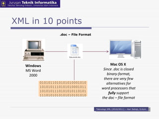 XML in 10 points .doc – File Format Teknologi XML (2010/2011) – Hari Setiaji, S.Kom Windows MS Word 2000 Mac OS X  Since .doc is closed binary-format, there are very few alternatives for word processors that  fully  support the doc – file format 0101011010101010001010 1010101110101010001011 1010101110101010110101 1110101010101010101010 