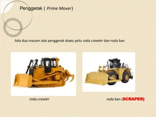 Penggerak ( Prime Mover)
Ada dua macam alat penggerak dozer, yaitu roda crawler dan roda ban
roda crawler roda ban (SCRAPER)
 