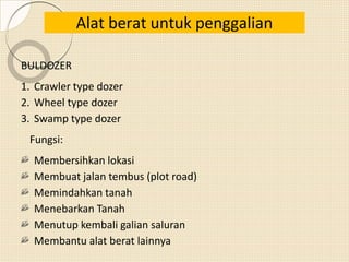BULDOZER
1. Crawler type dozer
2. Wheel type dozer
3. Swamp type dozer
Fungsi:
Membersihkan lokasi
Membuat jalan tembus (plot road)
Memindahkan tanah
Menebarkan Tanah
Menutup kembali galian saluran
Membantu alat berat lainnya
Alat berat untuk penggalian
 