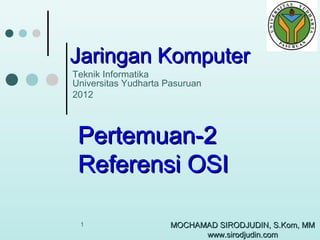 Jaringan Komputer
Teknik Informatika
Universitas Yudharta Pasuruan
2012

Pertemuan-2
Referensi OSI
1

MOCHAMAD SIRODJUDIN, S.Kom, MM
www.sirodjudin.com

 