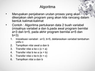 Algoritma
• Merupakan penjabaran urutan proses yang akan
dikerjakan oleh program yang akan kita rancang dalam
bentuk kalimat-kalimat
• Contoh : Algoritma pertukaran data 2 buah variabel
(misalnya variabel a dan b,pada awal program bernilai
a=3 dan b=5, pada akhir program bernilai a=5 dan
b=3)
1. Inisialisasi variabel : a=3, b=5, deklarasikan variabel tambahan
yaitu c
2. Tampilkan nilai awal a dan b
3. Transfer nilai a ke c (c = a)
4. Transfer nilai b ke a (a = b)
5. Transfer nilai c ke b (b = c)
6. Tampilkan nilai a dan b
 
