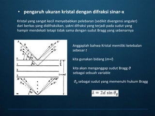 pengaruhukurankristaldengandifraksisinar-xKristal yang sangatkecilmenyebabkanpelebaran (sedikitdivergensianguler) dariberkas yang didifraksikan, yaknidifraksi yang terjadipadasudut yang hampirmendekatitetapitidaksamadengansudut Bragg yang sebenarnyaAnggaplahbahwa Kristal memilikiketebalansebesartkitagunakanbidang (m+l)kitaakanmenganggapsudut Bragg θsebagaisebuah variable θBsebagaisudut yang memenuhihukum Bragg
