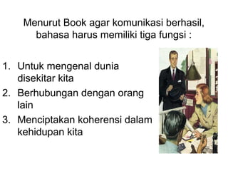 Menurut Book agar komunikasi berhasil,
bahasa harus memiliki tiga fungsi :
1. Untuk mengenal dunia
disekitar kita
2. Berhubungan dengan orang
lain
3. Menciptakan koherensi dalam
kehidupan kita
 