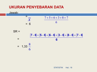 Jawab:
=
= 6
SR =
=
= 1,33
x 6
783657 
Hal.: 18STATISTIK
6
8
6
676863666567 
UKURAN PENYEBARAN DATA
 