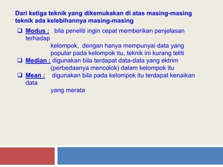  Modus : bila peneliti ingin cepat memberikan penjelasan
terhadap
kelompok, dengan hanya mempunyai data yang
popular pada kelompok itu, teknik ini kurang teliti
 Median : digunakan bila terdapat data-data yang ektrim
(perbedaanya mencolok) dalam kelompok itu
 Mean : digunakan bila pada kelompok itu terdapat kenaikan
data
yang merata
Dari ketiga teknik yang dikemukakan di atas masing-masing
teknik ada kelebihannya masing-masing
 