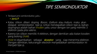 TIPE SEMIKONDUKTOR
Ahmad Haidaroh - STIKOM Artha Buana
15
• Terdapat jenis semikonduktor, yaitu :
• Jenis P
• Kalau silikon diberi doping Boron, Gallium atau Indium, maka akan
didapat semikonduktor tipe-p. Untuk mendapatkan silikon tipe-p, bahan
dopingnya adalah bahan trivalen yaitu unsur dengan ion yang memiliki 3
elektron pada pita valensi.
• Karena ion silikon memiliki 4 elektron, dengan demikian ada ikatan kovalen
yang bolong (hole).
• Hole ini digambarkan sebagai akseptor yang siap menerima elektron.
Dengan demikian, kekurangan electron menyebabkan semikonduktor ini
menjadi tipe-p.
 