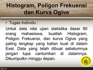 Histogram, Poligon Frekuensi
dan Kurva Ogive
• Tugas Individu :
Untuk data nilai ujian statistika dasar 80
orang mahasiswa, buatlah Histogram,
Poligon Frekuensi, dan kurva Ogive yang
paling lengkap yang kalian buat di dalam
Exel. Data yang telah dibuat sebelumnya
jangan lupa cantumkan di dalamnya.
Dikumpulkn minggu depan.
 