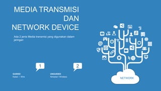 NETWORK
MEDIA TRANSMISI
DAN
NETWORK DEVICE
Ada 2 jenis Media transmisi yang digunakan dalam
jaringan
1
Kabel / Wire
GUIDED
2
Nirkabel / Wireless
UNGUIDED
 