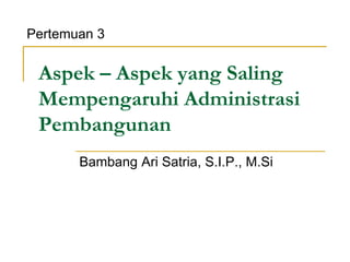 Aspek – Aspek yang Saling
Mempengaruhi Administrasi
Pembangunan
Bambang Ari Satria, S.I.P., M.Si
Pertemuan 3
 