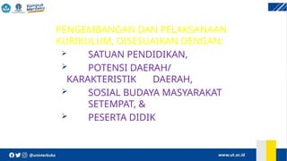 PENGEMBANGAN DAN PELAKSANAAN
KURIKULUM, DISESUAIKAN DENGAN:
 SATUAN PENDIDIKAN,
 POTENSI DAERAH/
KARAKTERISTIK DAERAH,
 SOSIAL BUDAYA MASYARAKAT
SETEMPAT, &
 PESERTA DIDIK
 