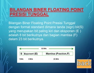 Bilangan Biner Floating Point Presisi Tunggal
dengan format standard dimana tanda (sign) bit(S)
yang merupakan bit paling kiri dan eksponen (E )
adalah 8 bit berikutnya dan bagian mantisa (F)
dalam 23 bit berikutnya.
BILANGAN BINER FLOATING POINT
PRESISI TUNGGAL
 