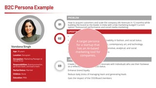 B2C Persona Example
01
How to acquire customers and scale the company (4X revenues in 12 months) while
building the brand as the leader in India with a low marketing budget? Current
option: Outsourced performance and social media marketing.
PROBLEM
Age: 35 years
Location: Gurugram
Occupation: Marketing Manager at
‘Shoes ‘R Us’
Responsibilities: Brand promotion,
generate leads, and lead a team
Marital Status: Married
Children: None
Education: MBA
02
03
• Active presence on Linkedin
• Values: Creativity, innovation, sustainability in fashion, and social status.
• Interests: High fashion, urban culture, contemporary art, and technology.
• Personality Traits: Ambitious, trend-sensitive, analytical, and social.
• Aspires to be a CEO in the next 5 years
LIFESTYLE / ASPIRATIONS
Create marketing campaigns that resonate with individuals who see their footwear
as a reflection of their style and status.
Enhance brand loyalty
Reduce daily stress of managing team and generating leads
Gain the respect of the CEO/Board members
JOBS-TO-BE-DONE
A target persona
for a startup that
has an AI-based
marketing tool for
companies.
Vandana Singh
 
