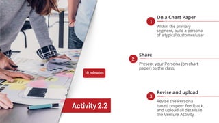 Activity 2.2
Within the primary
segment, build a persona
of a typical customer/user
On a Chart Paper
Present your Persona (on chart
paper) to the class.
Share
Revise the Persona
based on peer feedback,
and upload all details in
the Venture Activity
Revise and upload
1
2
3
10 minutes
 