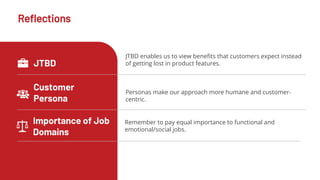 JTBD
JTBD enables us to view benefits that customers expect instead
of getting lost in product features.
Customer
Persona
Personas make our approach more humane and customer-
centric.
Importance of Job
Domains
Remember to pay equal importance to functional and
emotional/social jobs.
Reflections
 