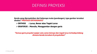 Benda yang diproyeksikan dari beberapa muka (pandangan), type gambar tersebut
disebut “PROYEKSI ORTHOGRAFIS”
 ORTHOS : Lurus, Benar atau Tegak Lurus
 GRAFIKUS : Menulis, Menggambar dengan garis
“Semua garis proyeksi sejajar satu sama lainnya dan tegak lurus terhadap bidang
dimana benda tersebut di proyeksikan”
17 Februari 2020 3
DEFINISI PROYEKSI
 
