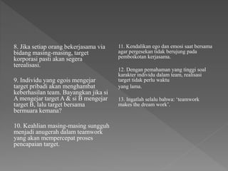 8. Jika setiap orang bekerjasama via
bidang masing-masing, target
korporasi pasti akan segera
terealisasi.
9. Individu yang egois mengejar
target pribadi akan menghambat
keberhasilan team. Bayangkan jika si
A mengejar target A & si B mengejar
target B, lalu target bersama
bermuara kemana?
10. Keahlian masing-masing sungguh
menjadi anugerah dalam teamwork
yang akan mempercepat proses
pencapaian target.
11. Kendalikan ego dan emosi saat bersama
agar pergesekan tidak berujung pada
pemboikotan kerjasama.
12. Dengan pemahaman yang tinggi soal
karakter individu dalam team, realisasi
target tidak perlu waktu
yang lama.
13. Ingatlah selalu bahwa: ‘teamwork
makes the dream work’.
 