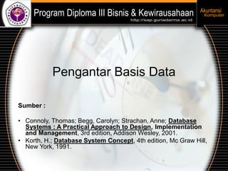 Pengantar Basis Data
Sumber :
• Connoly, Thomas; Begg, Carolyn; Strachan, Anne; Database
Systems : A Practical Approach to Design, Implementation
and Management, 3rd edition, Addison Wesley, 2001.
• Korth, H.; Database System Concept, 4th edition, Mc Graw Hill,
New York, 1991.
 