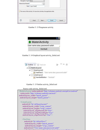 Gambar 3. 13 Pengaturan activity
Gambar 3. 14 Graphical layout activity_failed.xml
Gambar 3. 15 Outline activity_failed.xml
Source code activity_failed.xml:
<RelativeLayout xmlns:android="http://schemas.android.com/apk/res/android"
xmlns:tools="http://schemas.android.com/tools"
android:layout_width="match_parent"
android:layout_height="match_parent" >
<LinearLayout
android:id="@+id/linearLayout1"
android:layout_width="wrap_content"
android:layout_height="wrap_content"
android:layout_alignParentLeft="true"
android:layout_alignParentRight="true"
android:layout_alignParentTop="true" >
<TextView
android:id="@+id/textView1"
android:layout_width="match_parent"
android:layout_height="wrap_content"
android:text="User name atau password salah"
 
