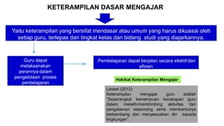 KETERAMPILAN DASAR MENGAJAR
Yaitu keterampilan yang bersifat mendasar atau umum yang harus dikuasai oleh
setiap guru, terlepas dari tingkat kelas dan bidang studi yang diajarkannya.
Guru dapat
melaksanakan
perannya dalam
pengelolaan proses
penbelajaran
Pembelajaran dapat berjalan secara efektif dan
efisien
Hakikat Keterampilan Mengajar
Lestari (2012)
Keterampilan mengajar guru adalah
“Seperangkat kemampuan kecakapan guru
dalam melatih/membimbing aktivitas dan
pengalaman seseorang serta membantunya
berkembang dan menyesuaikan diri kepada
lingkungan”.
 