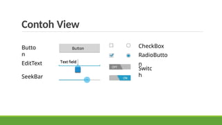 Contoh View
Butto
n
EditText
SeekBar
CheckBox
RadioButto
n
Switc
h
 