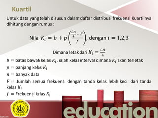 Kuartil
Untuk data yang telah disusun dalam daftar distribusi frekuensi Kuartilnya
dihitung dengan rumus :
Nilai 𝐾𝑖 = 𝑏 + 𝑝
𝑖.𝑛
4
− 𝐹
𝑓
, dengan 𝑖 = 1,2,3
Dimana letak dari 𝐾𝑖 =
𝑖.𝑛
4
𝑏 = batas bawah kelas 𝐾𝑖, ialah kelas interval dimana 𝐾𝑖 akan terletak
𝑝 = panjang kelas 𝐾𝑖
𝑛 = banyak data
𝐹 = Jumlah semua frekuensi dengan tanda kelas lebih kecil dari tanda
kelas 𝐾𝑖
𝑓 = Frekuensi kelas 𝐾𝑖
 