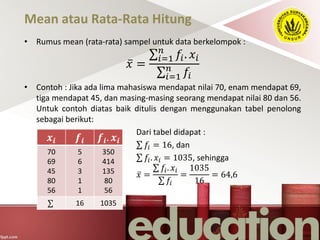 Mean atau Rata-Rata Hitung
• Rumus mean (rata-rata) sampel untuk data berkelompok :
𝑥 =
𝑖=1
𝑛
𝑓𝑖. 𝑥𝑖
𝑖=1
𝑛
𝑓𝑖
• Contoh : Jika ada lima mahasiswa mendapat nilai 70, enam mendapat 69,
tiga mendapat 45, dan masing-masing seorang mendapat nilai 80 dan 56.
Untuk contoh diatas baik ditulis dengan menggunakan tabel penolong
sebagai berikut:
Dari tabel didapat :
𝑓𝑖 = 16, dan
𝑓𝑖. 𝑥𝑖 = 1035, sehingga
𝑥 =
𝑓𝑖. 𝑥𝑖
𝑓𝑖
=
1035
16
= 64,6
𝒙𝒊 𝒇𝒊 𝒇𝒊. 𝒙𝒊
70
69
45
80
56
5
6
3
1
1
350
414
135
80
56
16 1035
 