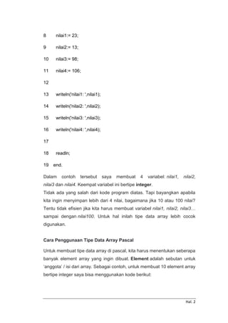 Hal. 2
8
9
10
11
12
13
14
15
16
17
18
19
nilai1:= 23;
nilai2:= 13;
nilai3:= 98;
nilai4:= 106;
writeln('nilai1: ',nilai1);
writeln('nilai2: ',nilai2);
writeln('nilai3: ',nilai3);
writeln('nilai4: ',nilai4);
readln;
end.
Dalam contoh tersebut saya membuat 4 variabel: nilai1, nilai2,
nilai3 dan nilai4. Keempat variabel ini bertipe integer.
Tidak ada yang salah dari kode program diatas. Tapi bayangkan apabila
kita ingin menyimpan lebih dari 4 nilai, bagaimana jika 10 atau 100 nilai?
Tentu tidak efisien jika kita harus membuat variabel nilai1, nilai2, nilai3…
sampai dengan nilai100. Untuk hal inilah tipe data array lebih cocok
digunakan.
Cara Penggunaan Tipe Data Array Pascal
Untuk membuat tipe data array di pascal, kita harus menentukan seberapa
banyak element array yang ingin dibuat. Element adalah sebutan untuk
‘anggota’ / isi dari array. Sebagai contoh, untuk membuat 10 element array
bertipe integer saya bisa menggunakan kode berikut:
 