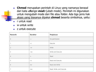  Chmod merupakan perintah di Linux yang namanya berasal
dari kata change mode (ubah mode). Perintah ini digunakan
untuk mengubah mode dari file atau folder. Ada tiga jenis hak
akses yang biasanya dipakai chmod beserta simbolnya, yaitu:
 r untuk read
 w untuk write
 z untuk execute
 