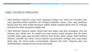 TABEL DISTIBUSI FREKUENSI
 Tabel distribusi frekuensi sering sekali digunakan sebagai cara untuk bisa meringkas data
yang digunakan dalam penelitian atau berbagai kebutuhan lainnya. Data yang jumlahnya
banyak akan bisa lebih mudah dimengerti apabila diubah menjadi bentuk tabel ini. Sehingga
data akan bisa lebih terorganisir dengan baik.
 Tabel distribusi frekuensi adalah sebuah tabel atau bagan yang akan merangkum nilai dan
frekuensi dari sebuah data. Ini adalah cara yang berguna untuk mengatur data jika kamu
memiliki daftar angka yang mewakili frekuensi hasil tertentu dalam sampel. Tabel distribusi
frekuensi memiliki dua kolom. Kolom pertama mencantumkan berbagai hasil yang terjadi
dalam data, dan kolom kedua mencantumkan frekuensi dari hasil. Frekuensi akan bisa
memberitahukan seberapa sering sesuatu nilai terjadi.
17/10/2023
 