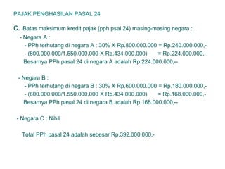 PAJAK PENGHASILAN PASAL 24
c. Batas maksimum kredit pajak (pph psal 24) masing-masing negara :
- Negara A :
- PPh terhutang di negara A : 30% X Rp.800.000.000 = Rp.240.000.000,-
- (800.000.000/1.550.000.000 X Rp.434.000.000) = Rp.224.000.000,-
Besarnya PPh pasal 24 di negara A adalah Rp.224.000.000,--
- Negara B :
- PPh terhutang di negara B : 30% X Rp.600.000.000 = Rp.180.000.000,-
- (600.000.000/1.550.000.000 X Rp.434.000.000) = Rp.168.000.000,-
Besarnya PPh pasal 24 di negara B adalah Rp.168.000.000,--
- Negara C : Nihil
Total PPh pasal 24 adalah sebesar Rp.392.000.000,-
 